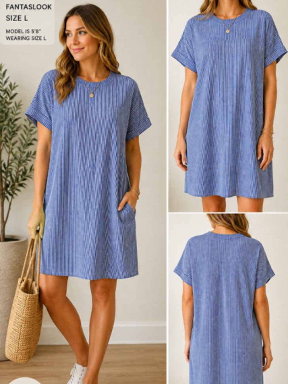 Fantaslook NWT Blue & White Striped Short Sleeve Dress - Size Large